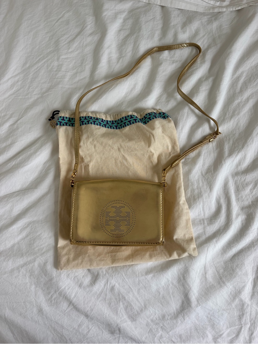 Tory Burch Metallic Gold Leather Crossbody with Perforated Logo